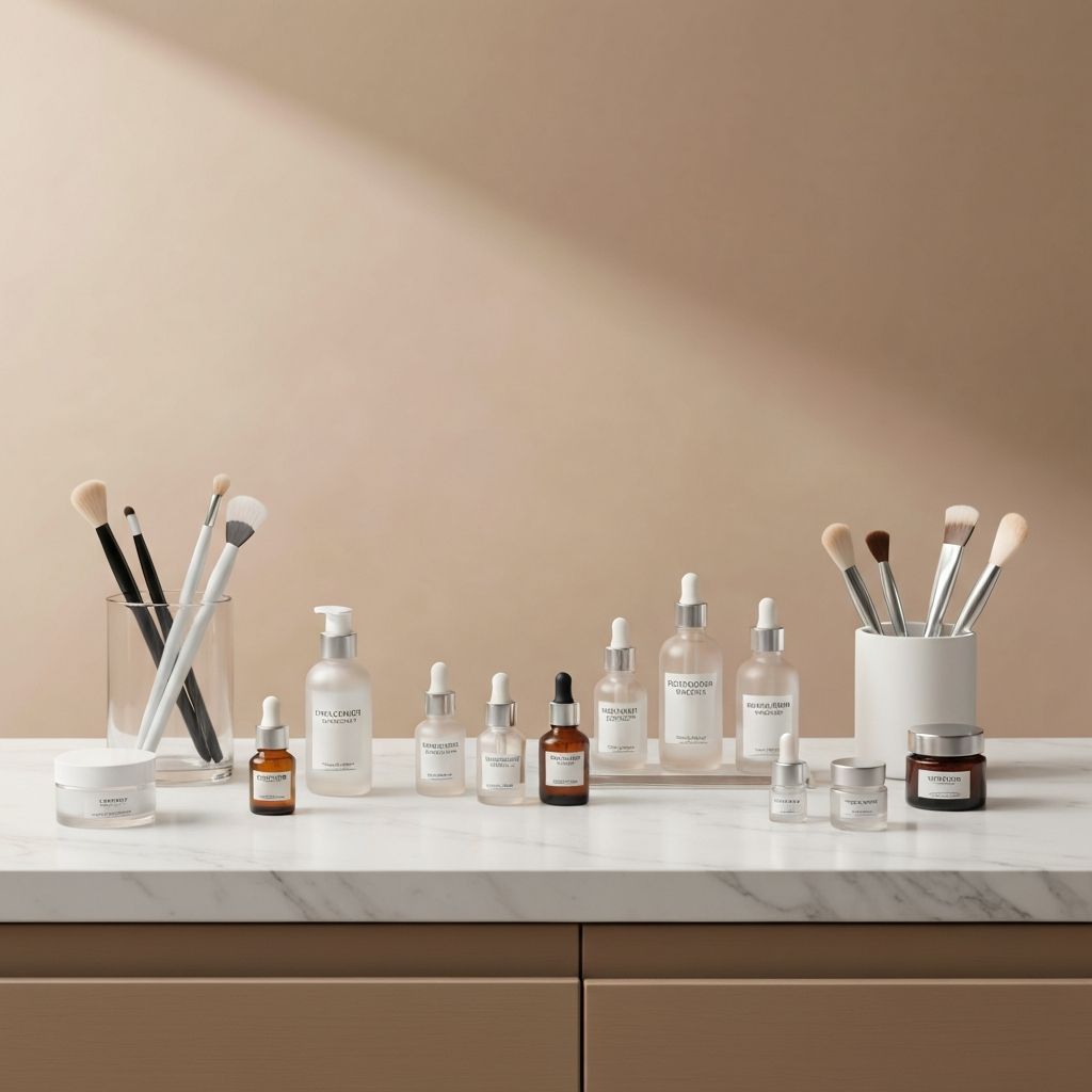 Premium skincare products arranged on a marble countertop in a professional beauty studio